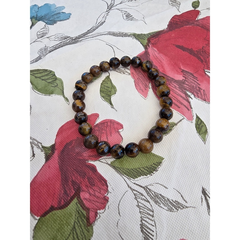 Natural Tigers Eye Beaded Stretch Bracelet Brown Gold Chatoyant Stone 6.25 Inch